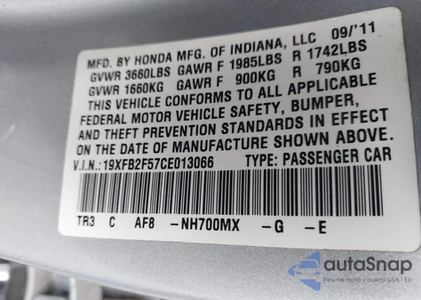 2012 Honda Civic Lx из США, поврежденный, VIN 19XFB2F57CE013066